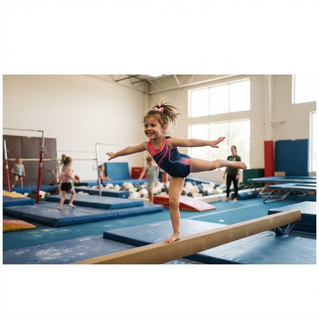 Young gymnast practicing on a balance beam at Triumph Gymnastics (placeholder image)